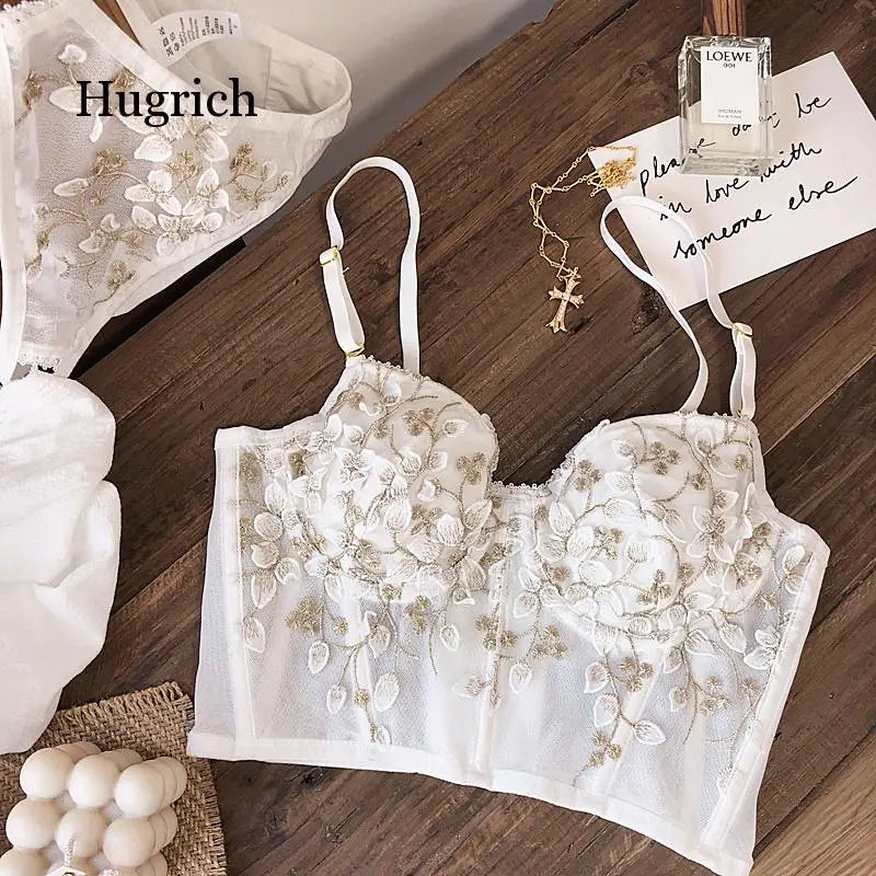 French White Floral Embroidery Romantic Thin Cup with Pad Women Sexy Push Up Underwear Bra Sets Adjustable Lengthen Set