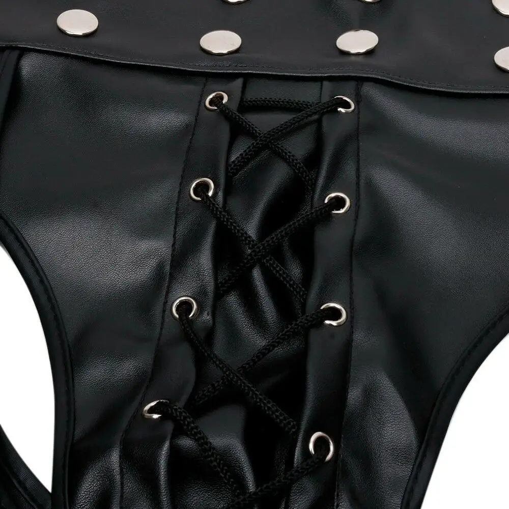Men Black Faux Leather Open Butt Boxer Shorts Bulge Pouch Side Lace Up Muscle Underwear Fetish Hot Pants Clubwear