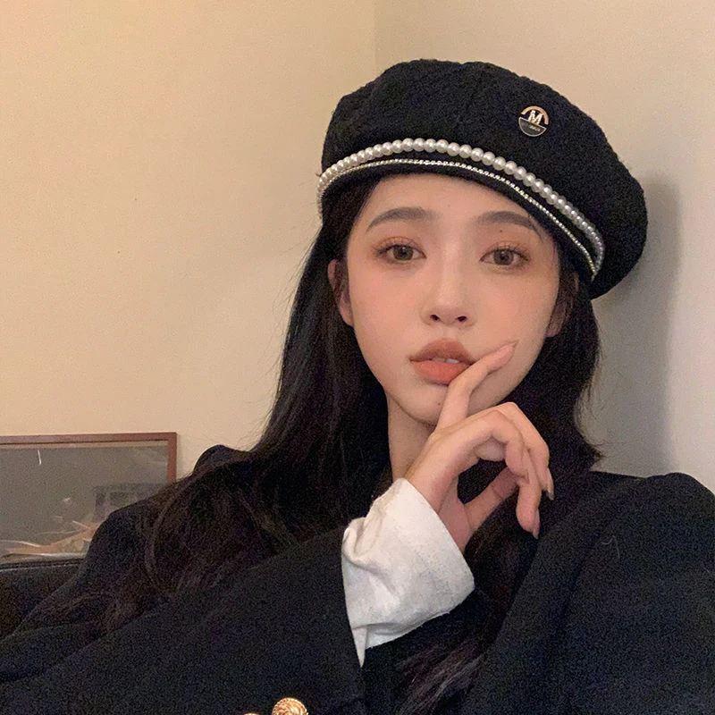 W102 Winter Beret, Chain, Pearl, Hepburn Style Hat, French  display picture 1