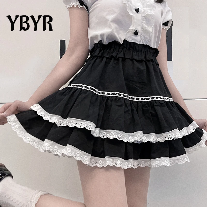 

Lolita Women Mini Skirts 2022 New Sexy Lace High Waist A-line Black Pleated Skirt School Girls Hem Cute Streetwear Harakuju