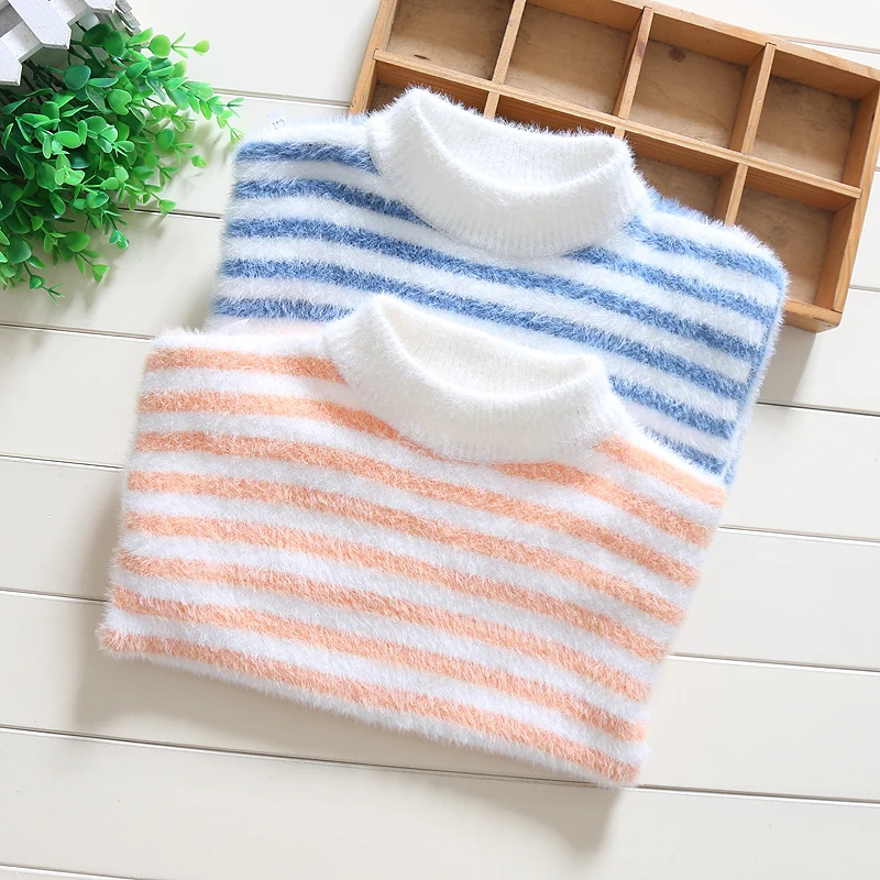 Girls Winter Sweater Water Mink Velvet Kids Wool Knit Clothes New Baby Boys Stripe Pullover Sweaters for Children Clothing