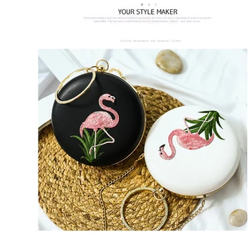 

2019 high quality vintage women's bag round lady's handbag decorative flamingo clutch women's shoulder bag