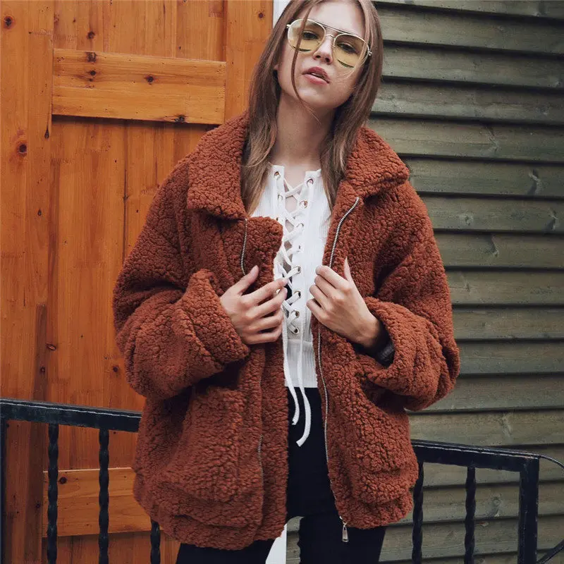 Элегантное пальто из искусственного меха для женщин осень зима толстый теплый мягкий флис куртка Женский карман на молнии пальто медведь плюшевое пальто 3XL - Цвет: Brown