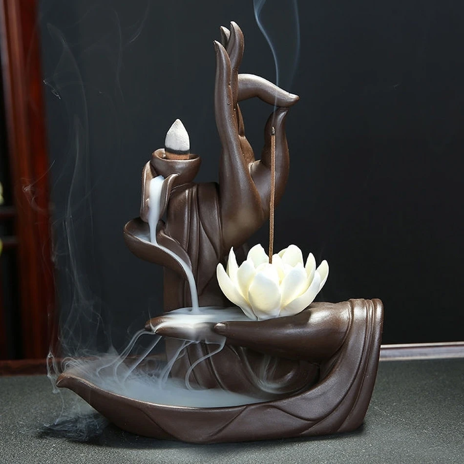 

Ceramic Backflow Burner Tathagata Buddha Lotus Incense Cones Stick Holder Creative Home Bouddha Decor