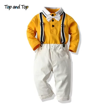 

Top and Top Autumn Boys Fashion Kids Outfit Long Sleeve Bowtie Rompers Shirt +Suspender Pants Baby Casual Gentleman Suit Bebes