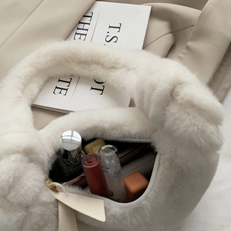 Simple Design Women Soft Plush Shoulder Hobos Bags Winter Furry Ladies Clutch Handbag and Purse Fashion Underarm  Bag