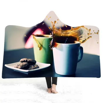 

Coffe Orange Cup Print Holiday Hooded Plush Throw Blanket for Couch Travel Camping Winter Warm Sherpa Fleece Blanket 150x200cm
