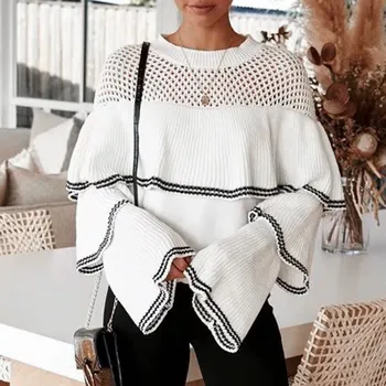

2019 Autumn Women Flare Long Sleeve Pullover Knit Casual O-Neck Sweater Flare Sleeve Ruffles Hollow Out Sweater Pullovers