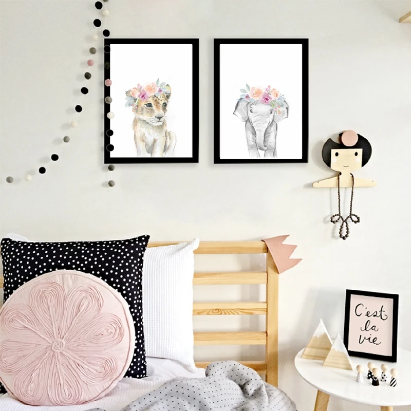 主图_Animals_Floral_Crown_Art_Decor_Canvas_Painting_Baby_Girl_Prints_Animal_Giraffe_Elephant_Lion_Wall (2)