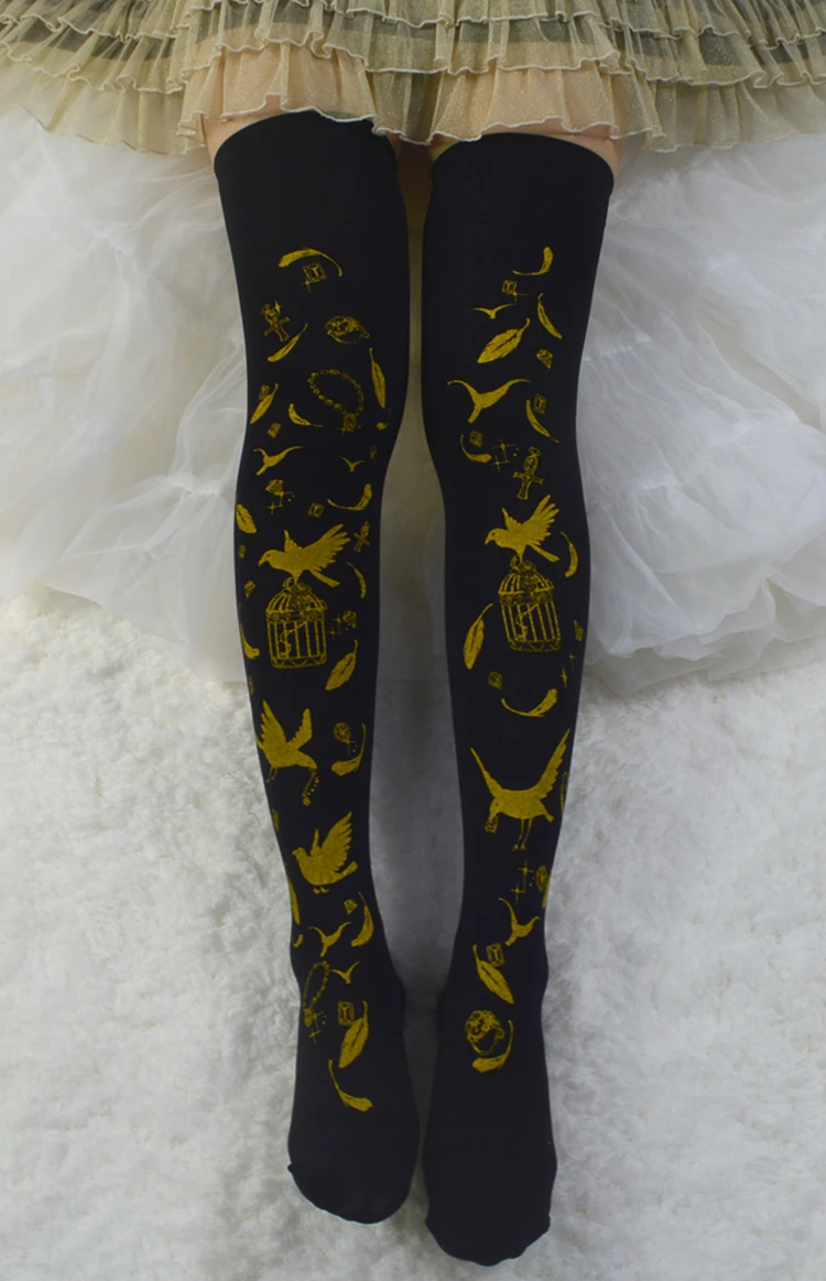 Платье принцессы милые чулки-Лолита птица и клетка печатных шелковые чулки на высоком каблуке; женские черные сапоги до колена высокие чулки для RN003