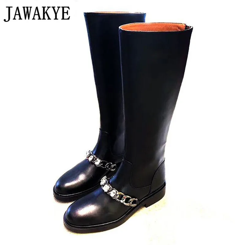 

Genuine Leather Knee High Boots Women Metal Chain Crystal Decorate Flat knight Boots Fall Winter Ankle Boots martin shoes 2020