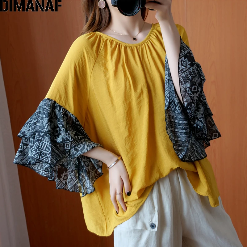 

DIMANAF Summer Plus Size Women Blouse Shirts Elegant Lady Tops Tunic Loose Casual Female Clothing Spliced Print Butterfly Sleeve