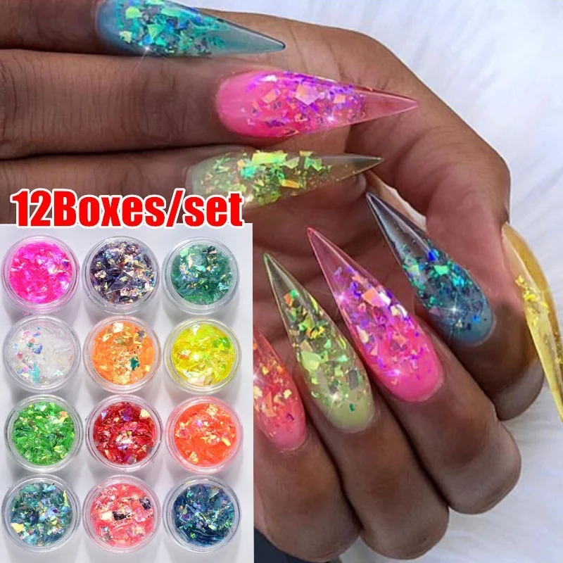

12 Boxes/set Nail Dust Powder Laser Colorful Broken Paillette Nail Glitter Irregular Nail Design Sequins For Nail Art Decoration