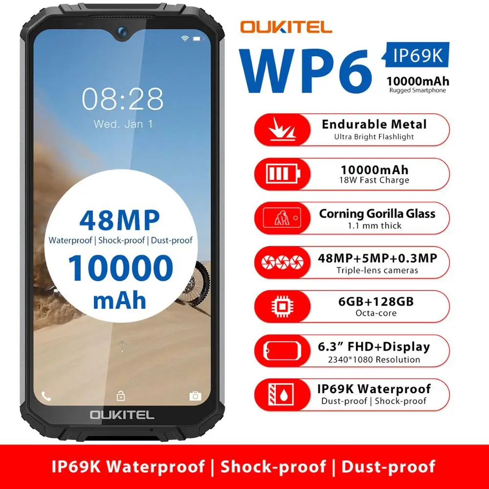OUKITEL WP6 10000mAh 6.3'' FHD+ IP68 Waterproof Mobile Phone 6GB 128GB Octa Core 48MP Triple Cameras Rugged Smartphone 2