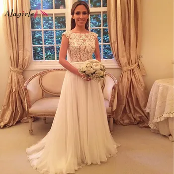 

Appliques A Line Plus Size Wedding Dresses Sexy Illusion Backless Wedding Gowns Button Back Robe de soirée de mariage Simple
