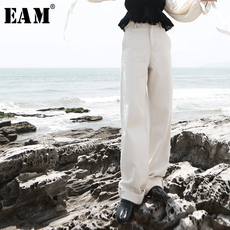 

[EAM] High Waist Apricot Long Wide Leg Leisure Trousers New Loose Fit Pants Women Fashion Tide Spring Autumn 2019 1D8380