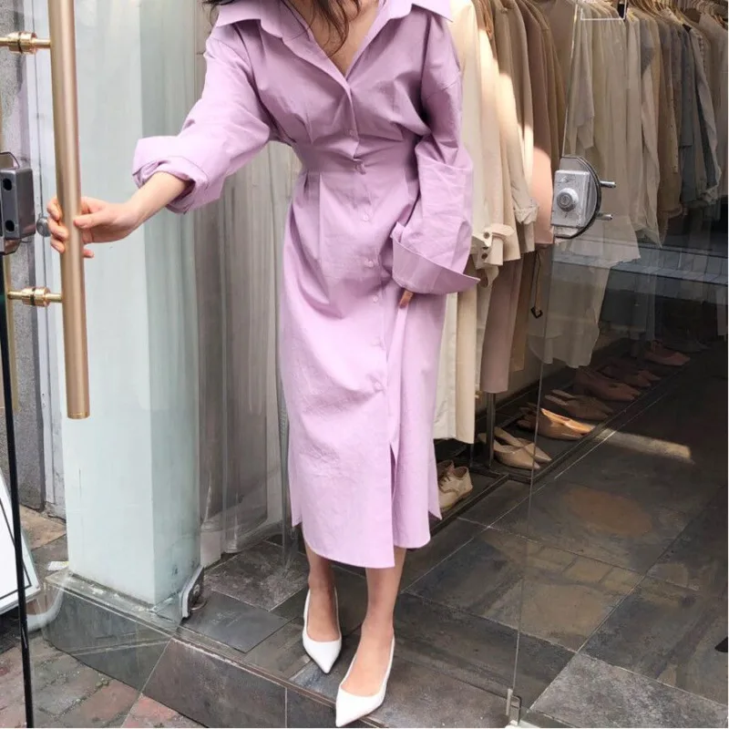 

[EWQ] Sweet Stand Collar Long Sleeve Ladies Shirt Dress Korea High Waist Lace Loose Ladies Blue Dress 2019 Autumn New QK76000