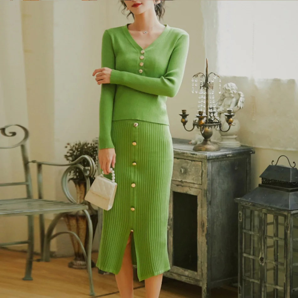 Genyaooa высококачественный комплект из двух предметов, элегантный вязаный женский комплект 2 шт., винтажная юбка из двух частей, эластичный Женский комплект - Цвет: green