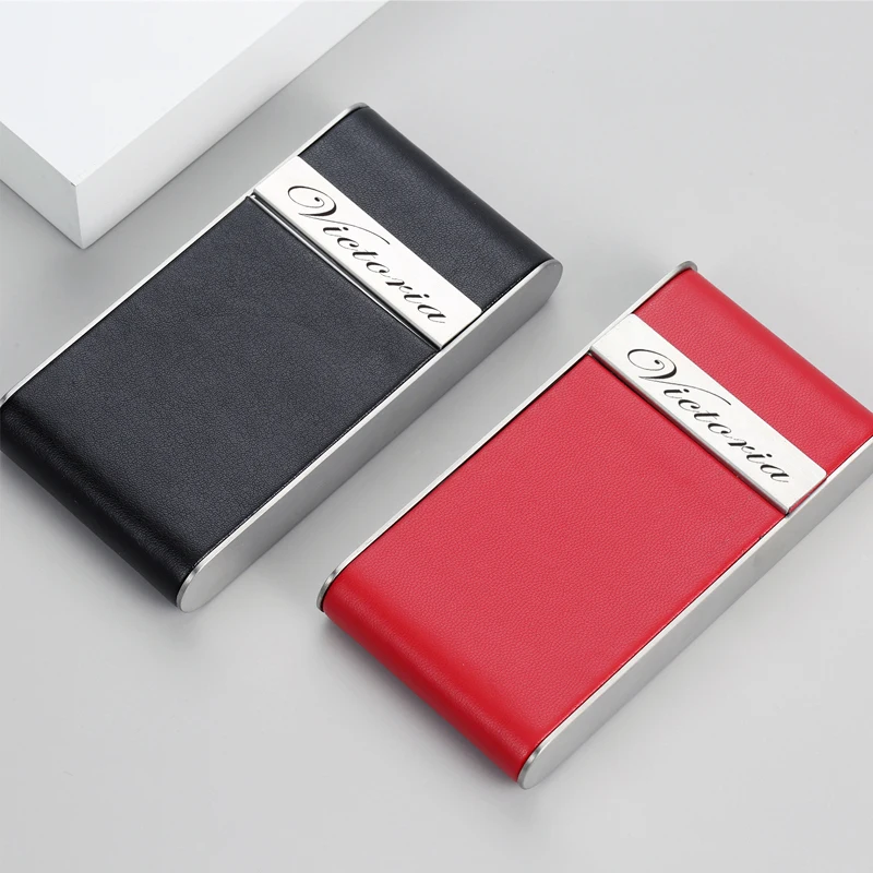 Elegant Red and Black Slim Cigarette Case - Stainless Steel with PU Leather Finish, Personalized Logo Option, Stylish Smoking Accessory