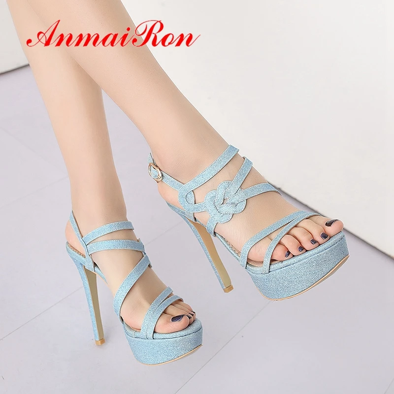 ANMAIRON Synthetic Basic Woman Sandals 2019 Summer Blue Pink Solid High Heel Party Buckle Strap Shoes Size 34-43 LY1632 | Обувь