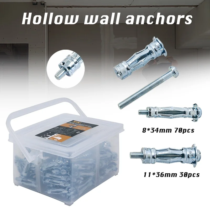 Hollow Wall Anchor 8*34+11*36 Assortment Kit 100 Pcs Heavy Duty Anchors Metal Cavity Plasterboard Plug Fixing Screw |