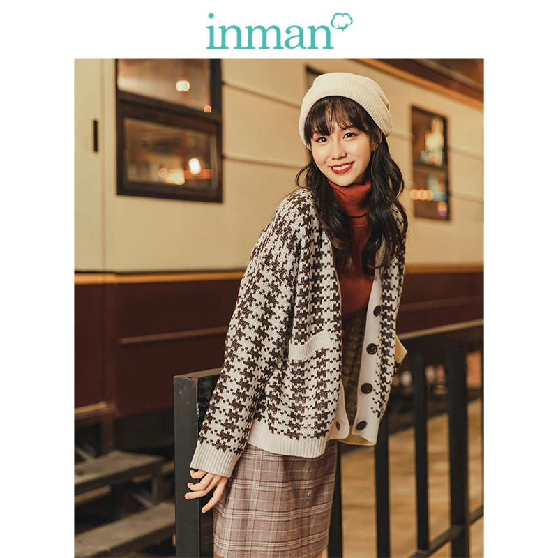 

INMAN 2019 Autumn New Arrival Retro Young Girl Literary Houndstooth Contrast V-neck Women Cardigan