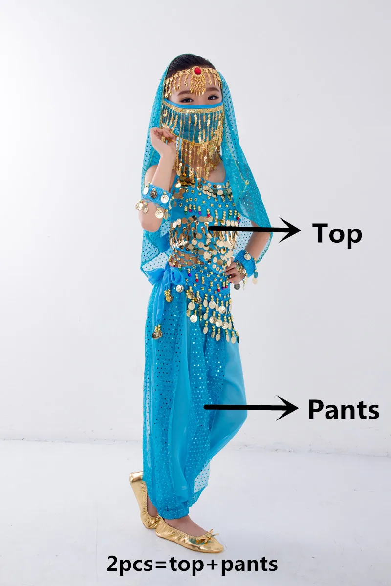 Child Costume Belly Dancer Belt Pants Veil Accessories for Wings Kids Bollywood Dress Girls Belly dance Costume Set 2-8Pieces - Цвет: Ocean Blue 2pcs