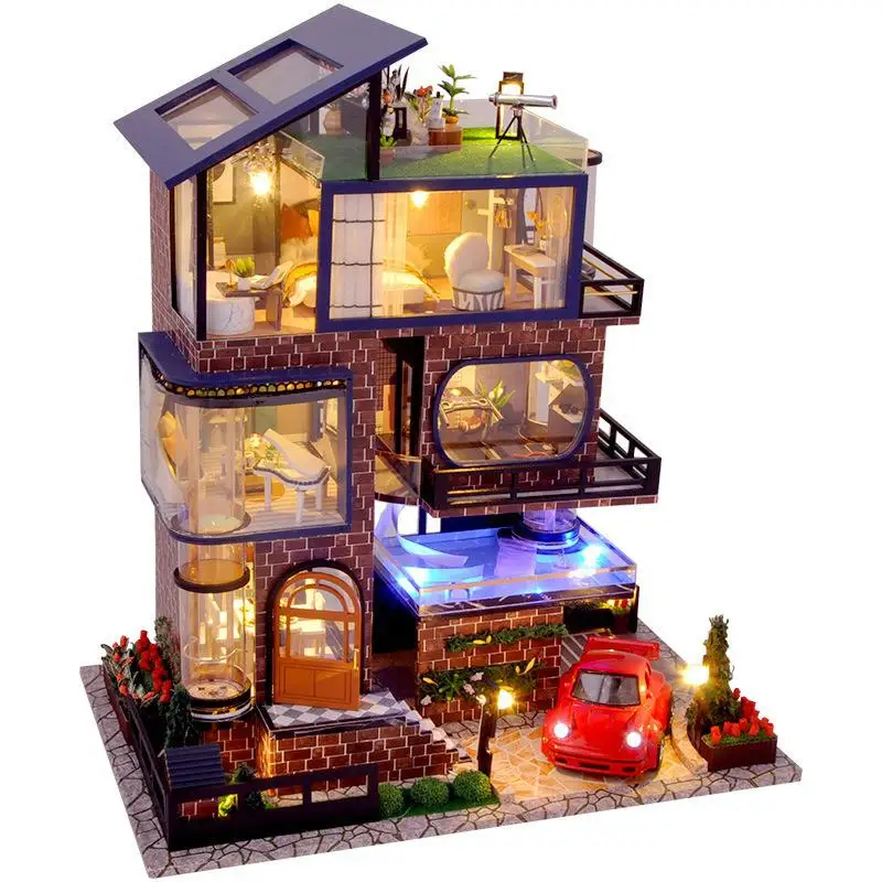 Casa de Diy para muñecas en Miniatura para niños, juguete de casa de muñecas en Miniatura de madera, con muebles, luces Led