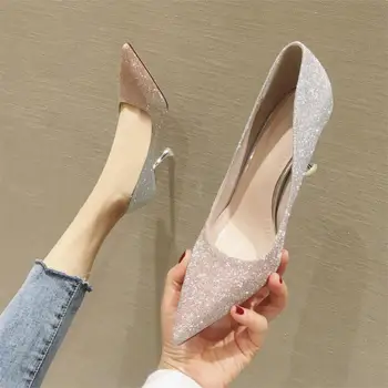 

Pumps Women High Heels Shoes 2020 New Style Thin Heels Bling Shallow Mouth Female Shoes Fashion Women Party Shoes