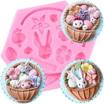 

3D Flower Basket Silicone Mould Cake Fondant Decoration Easter Bunny Egg Mold Candy Polymer Clay Chocolate Gumpaste Moulds