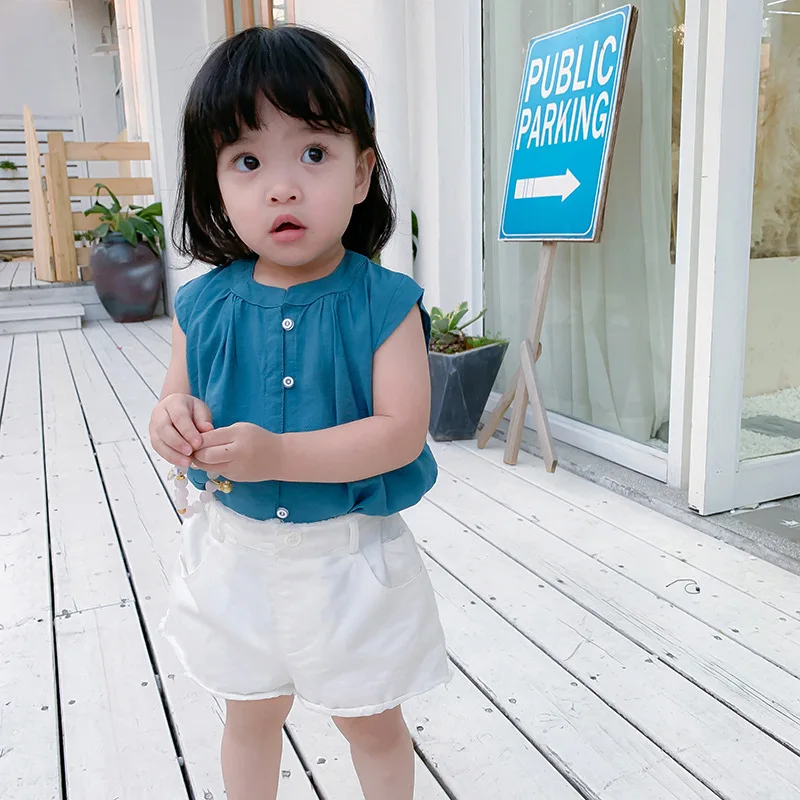 

A mu hou Childrenswear 2019 South Korea Summer Children New Style Versatile Tops Baby Solid Color Sleeveless All-cotton Shirt