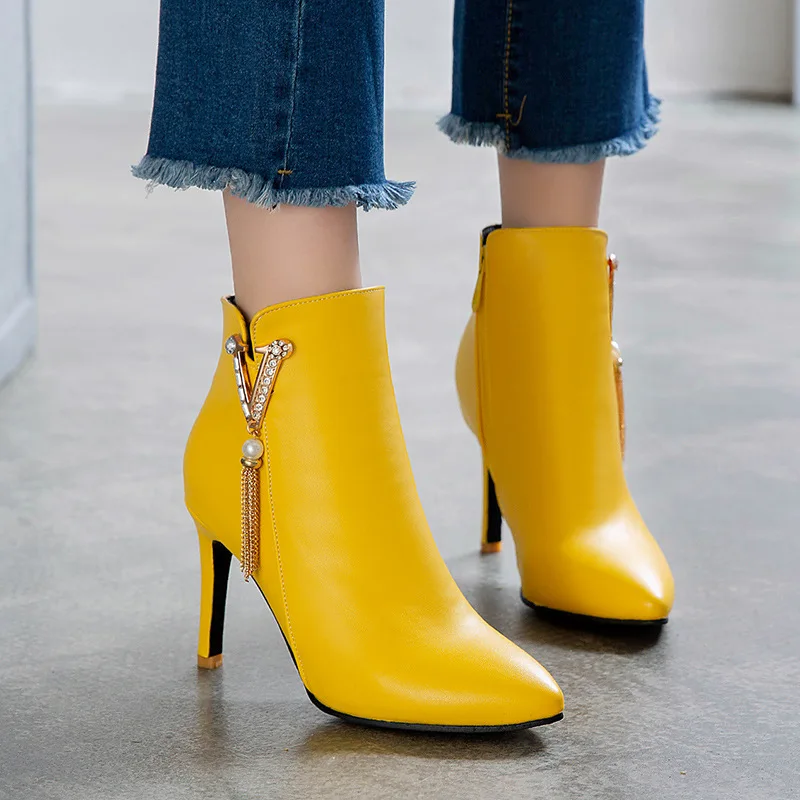 

Pointy Boot Autumn Boots Bootee Woman 2019 Zipper Crystal Brand Women's Shoes Booties Ladies Pointe Rhinestone Fashion Rubber