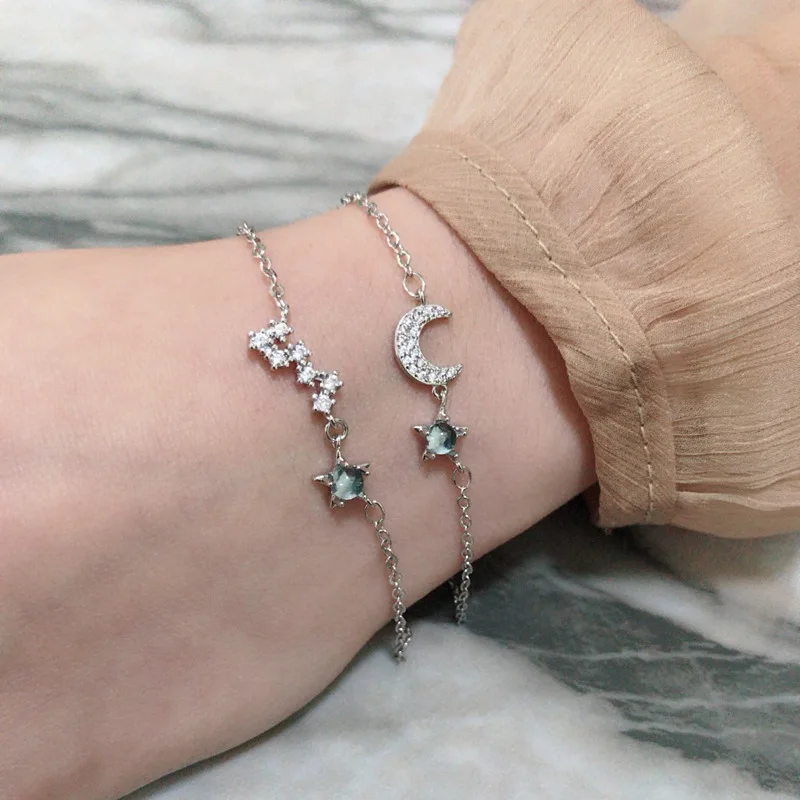 

Fashion Simple Cute Silver Zircon Star Moon Chain Bracelet Girls Birthday Valentine's Day Gift Lover's Jewelry for Women