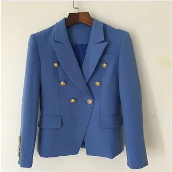

HIGH QUALITY New Fashion 2018 Designer Blazer Jacket Women's Classical Metal Lion Buttons Double Breasted Blazer Lake Blue