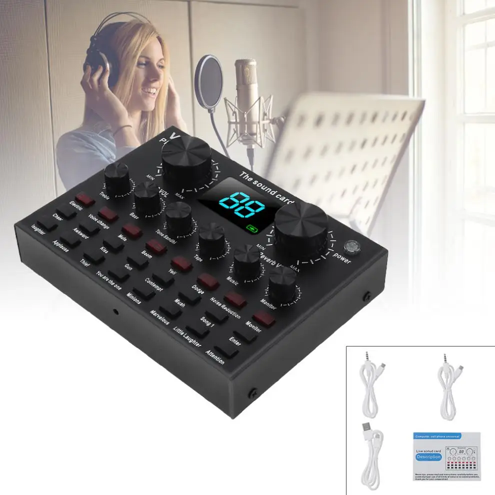 

V8 Plus Bluetooth 4.1 Audio External USB Headset Microphone Webcast Live Sound Card with Screen Power for Phone / Computer / PC