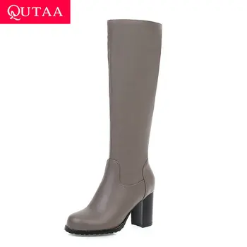 

QUTAA 2020 New Autumn Winter Round Toe Casual Knee High Boots PU Leather Square High Heel Zipper All Match Women Shoes Size34-43