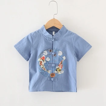 

Children's Summer Short Sleeve Shirt рубашка для мальчика Boys and Girls Chinese Wind Tops Wild Print Hanfu Tangzhuang