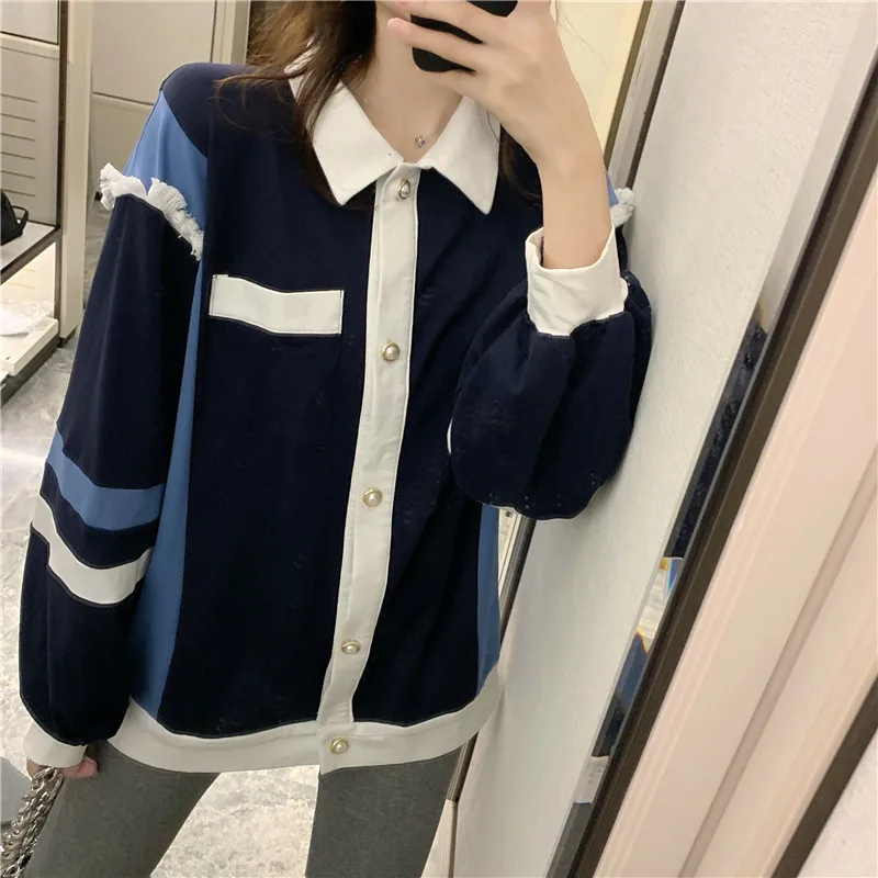 

Korean-style Loose-Fit Contrast Color Joint Lantern Long Sleeve Turn-down Collar Coat Tops Fashion Cardigan