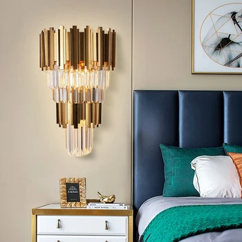 

Golden Crystal Wall Lamp Sconce Foyer Living Room Bedroom Bedside Two Layers Wall Lights Loft Style Stairs Indoor Lighting