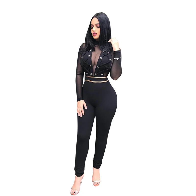 

Echoine Women Sexy mesh jumpsuit long sleeve bandage rompers female splice Overalls bodycon nightclub playsuit clothing black