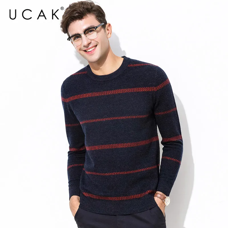 

UCAK Brand Pure Merino Wool Sweater Men Casual Striped Pull Homme O-Neck Pullover Men Autumn Winter Warm Cashmere Sweaters U3074