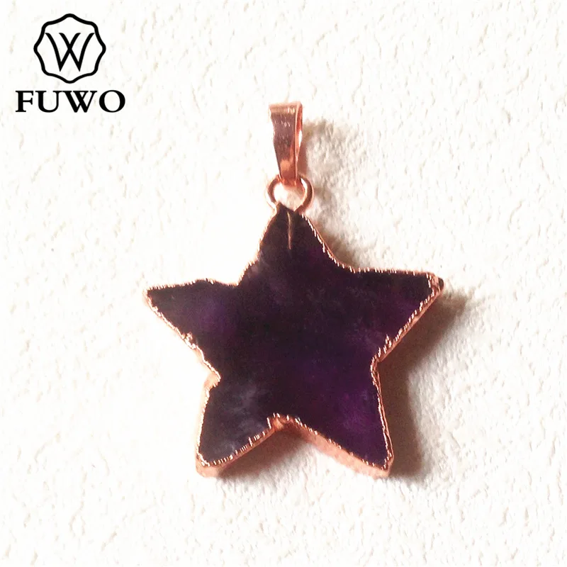 

FUWO Simple Pentagram Shape Amethysts Pendant With Brass Bezel Trimmed Carved Crystal Quartz Pendant For Necklace Making PD272