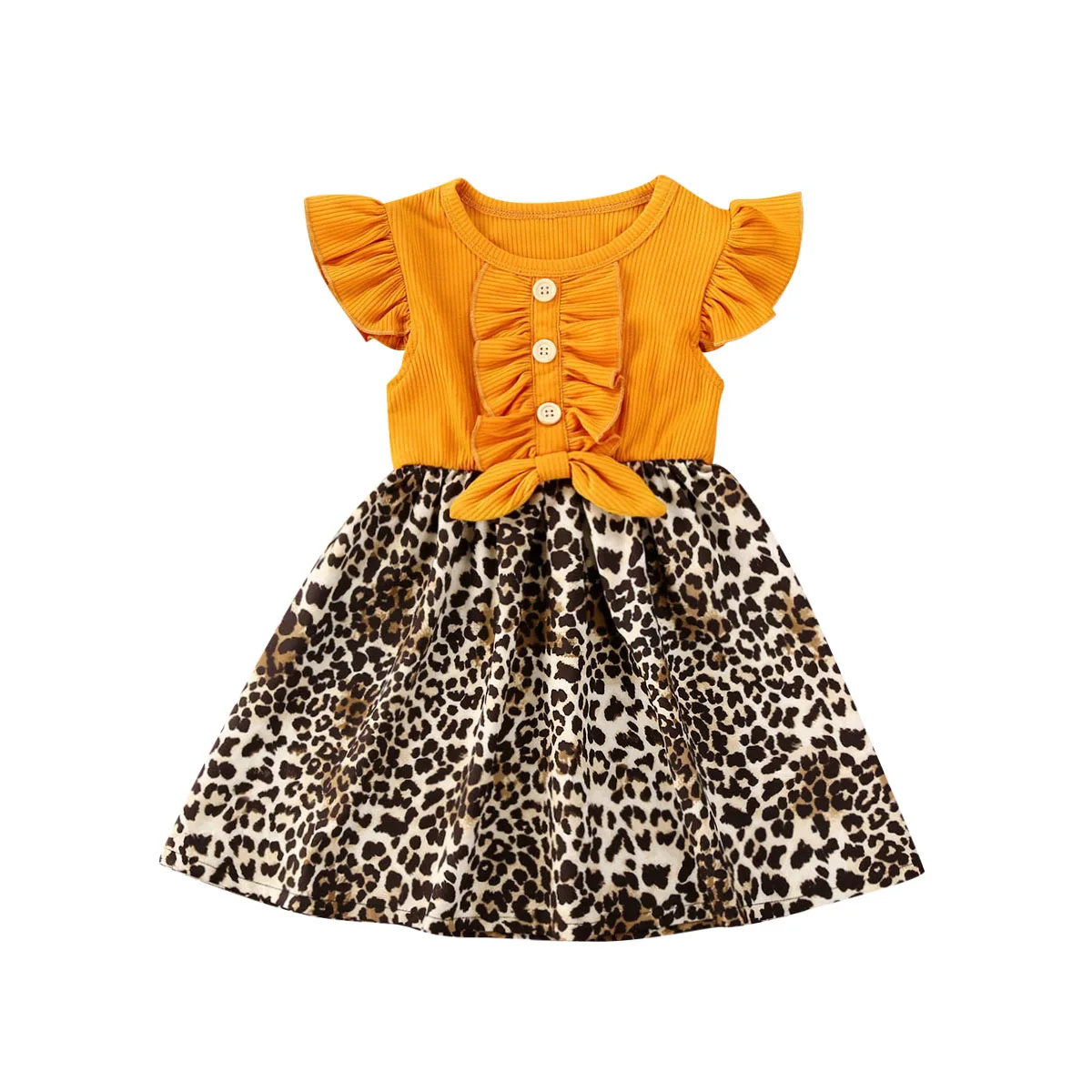 

Baby Summer Clothing Toddler Baby Girl Clothes Short Sleeve Ruffle Splicing Leopard Dress Princess Party Cute New 6M-4Y