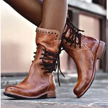 

Boots Winter New Women Retro Shoes Leather Boots Vintage Rivets Round Toe Lace-Up Mid-calf Boots Zapatos Botas Plus Size