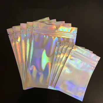 

50PCS Iridescent Zip Lock Plastic Bag Aluminum Foil Hologram Food Pouch Water Proof Zipper Reclosable Pouches Holographic Bag
