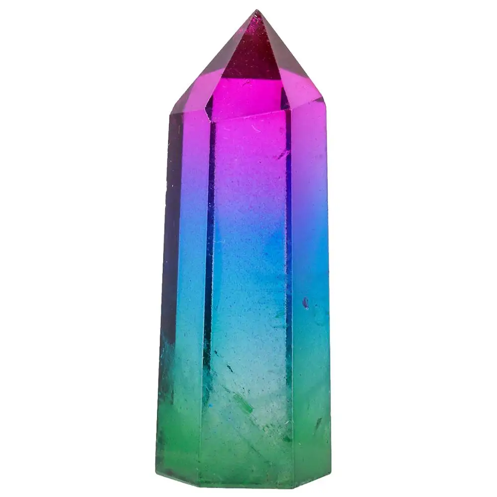

TUMBEELLUWA Multicolor Titanium Coated Healing Natural Rock Quartz Point Faceted Prism Wand Carved Reiki Stone Figurine Specimen