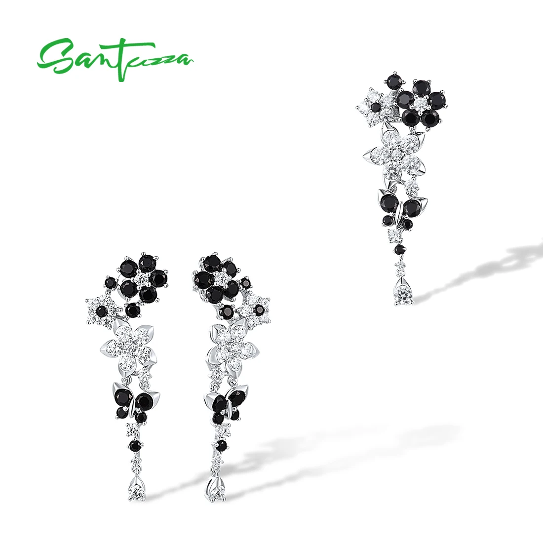 

SANTUZZA Genuine 925 Sterling Silver Jewelry Set For Women Black Spinel White CZ Flower Earrings Pendant Set Party Fine Jewelry