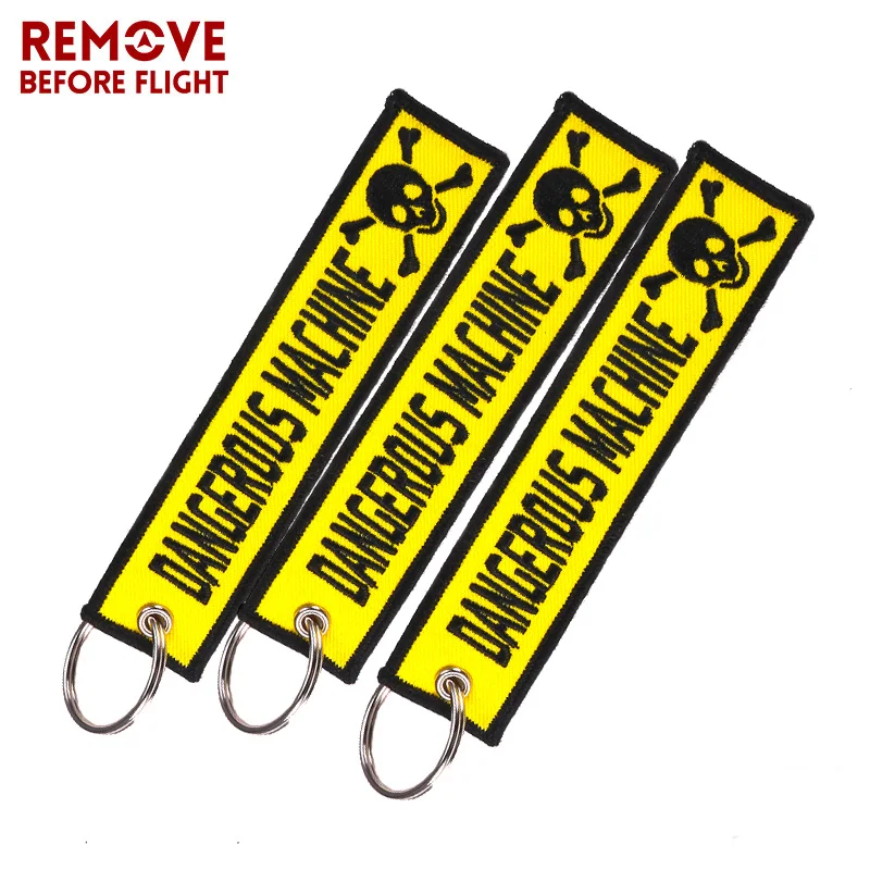 Dangerous Machine Warning Tag Keychain for Factory Motorcycles and Cars Safty Key Tags Embroidery Yelloew Danger Keychain 