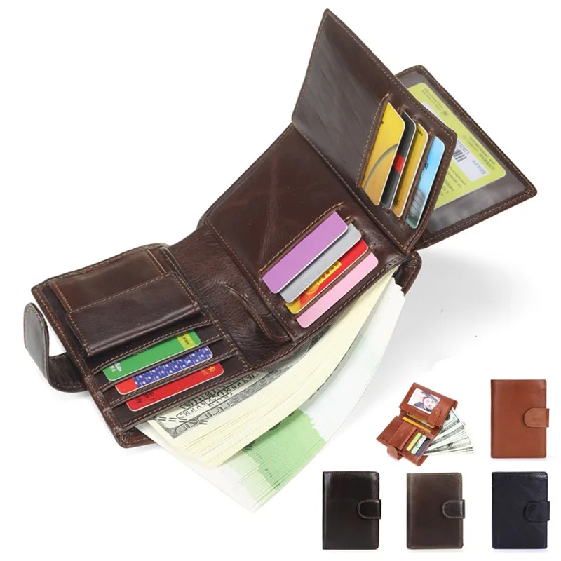 JNKET Retro Genuine Cow Leather Wallet Men Vertical Clutch Wallet Coins Purse Card Holder Notecase Multifunctional