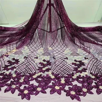 

Unique Design African Sequins Net Lace Fabric High Quality Nigeria Tassel Embroidery Purple Sequins Lace Fabric for party